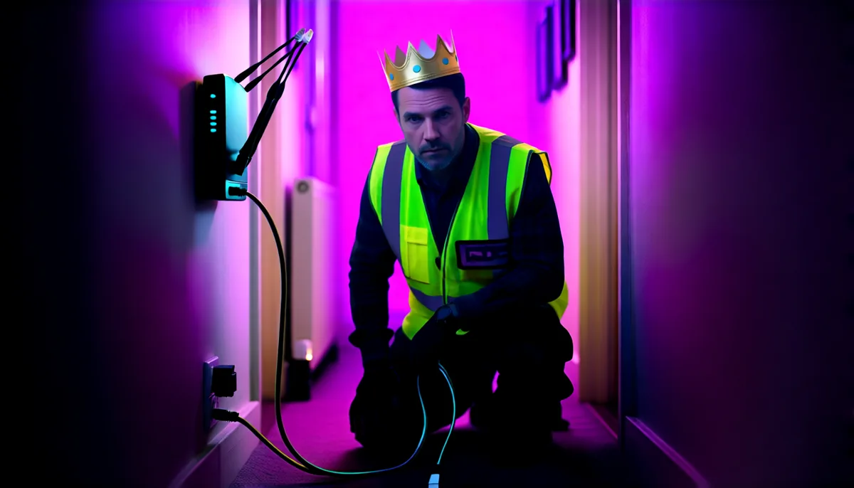 A technician in a hi-vis vest and a gold paper crown kneeling at a wall-mounted router, a long ethernet cable trailing away down the hallway.